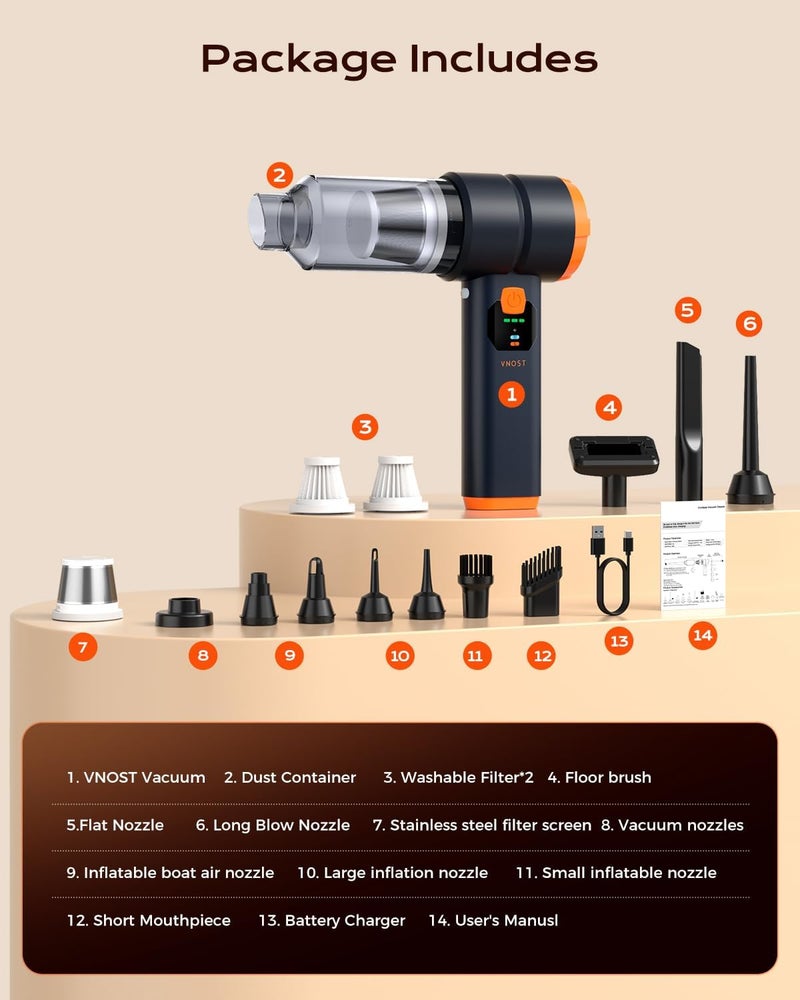 VNOST Portable Cordless Car Vacuum, Handheld Cordless Vacuum with 30,000Pa Suction, 130,000 RPM, 6,800mAh Battery, 10 Nozzles, Rubber Paint Material for Car, Home(Charcoal Black) - Image 5